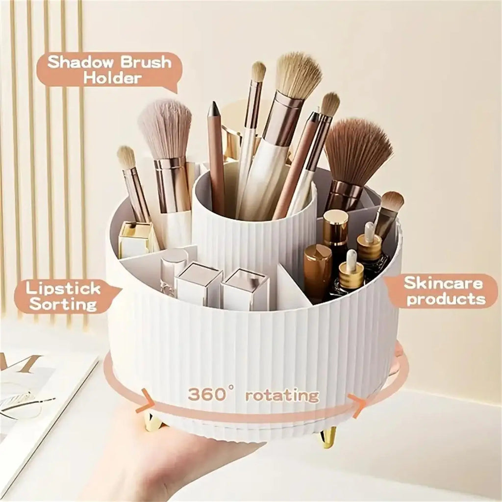 360° Rotating Makeup Organiser - 5 Compartment Plastic Cosmetic & Brush Storage